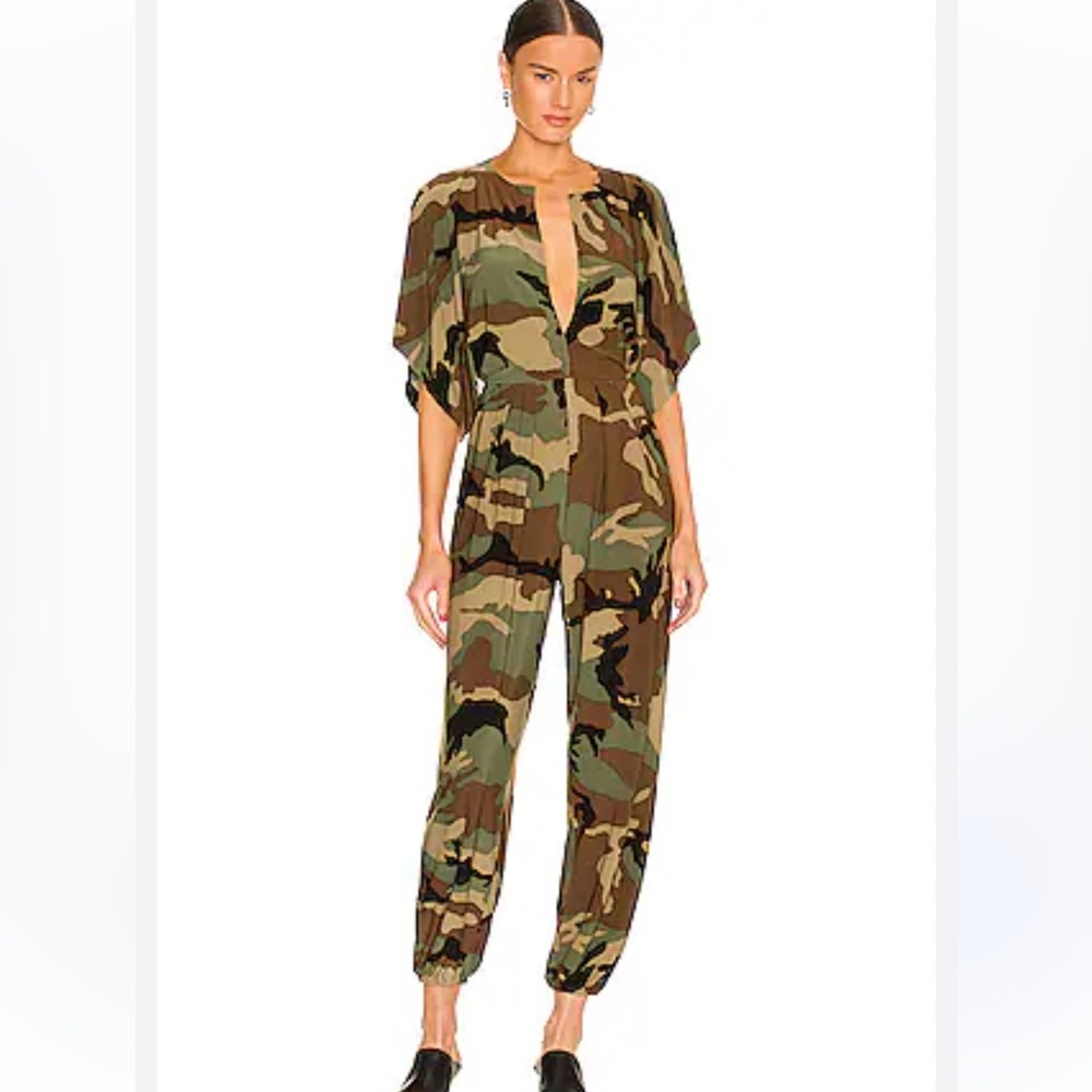 Norma Kamali Deep V-Neck Dolmen Sleeve Camo Jumpsuit Size L